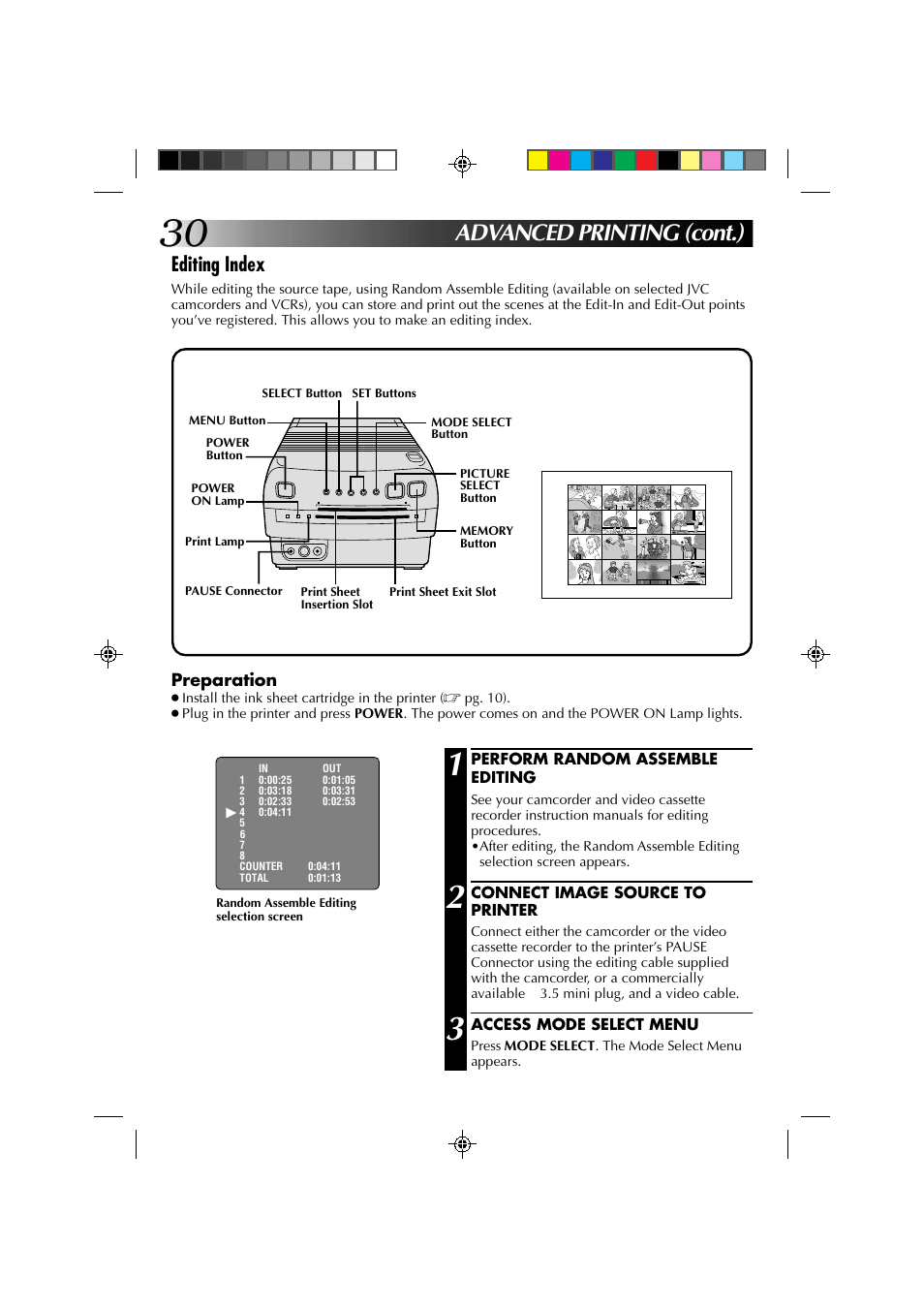 Advanced printing (cont.), Editing index | JVC GV-PT1 User Manual | Page 30 / 36