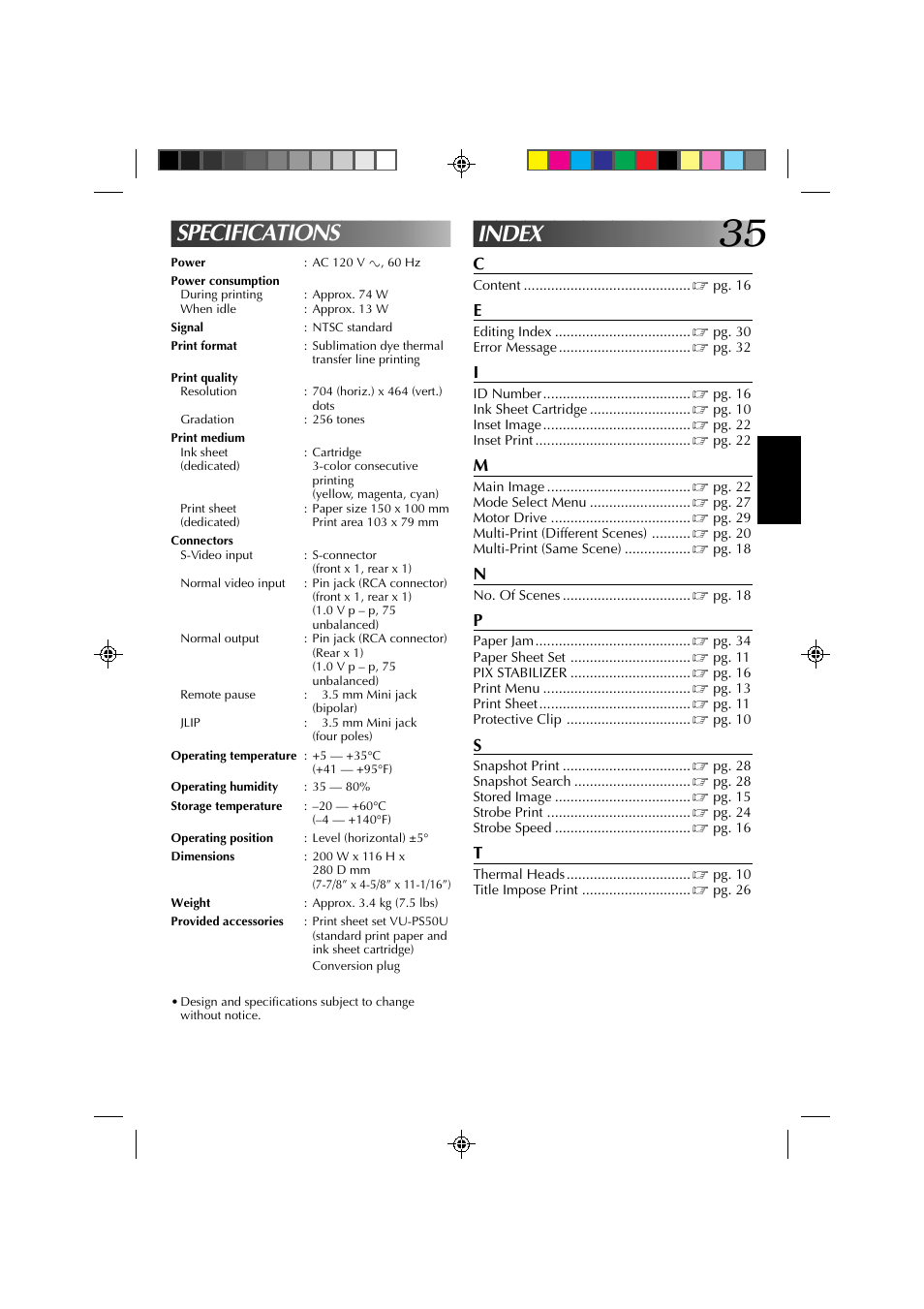 Index, Specifications | JVC GV-PT1 User Manual | Page 35 / 36