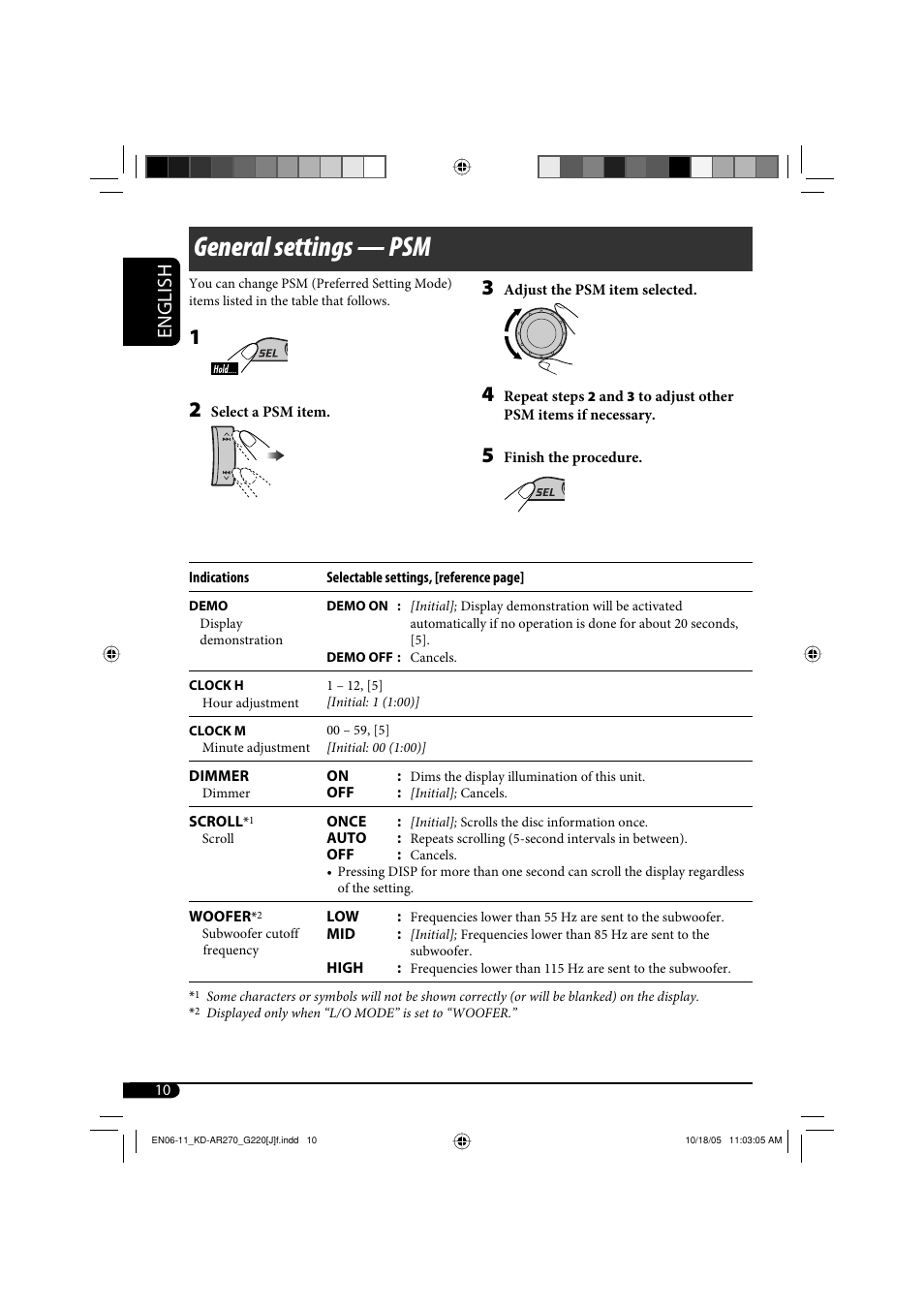 General settings — psm, English | JVC KD-AR270 User Manual | Page 10 / 50