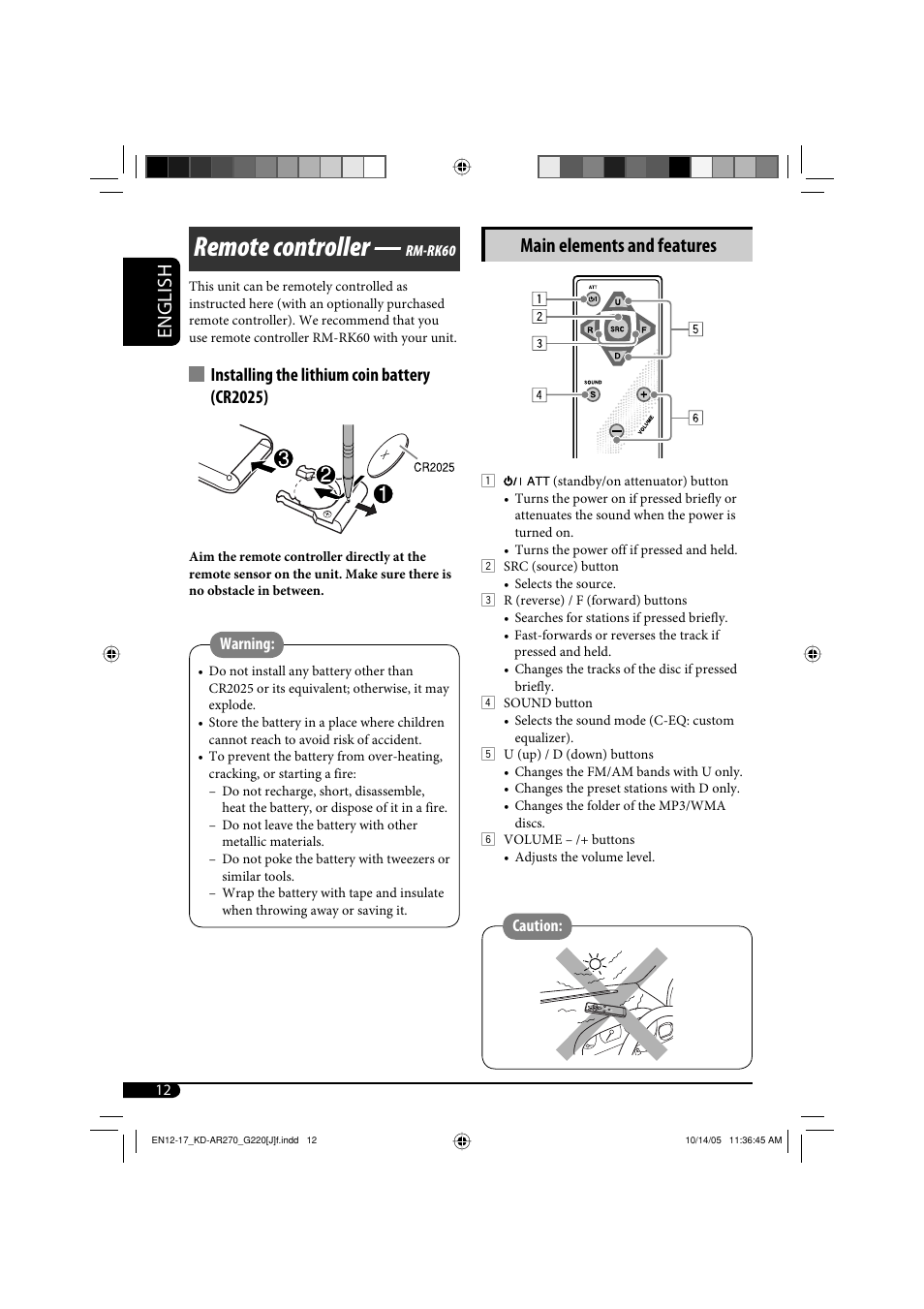 Remote controller, English, Main elements and features | Installing the lithium coin battery (cr2025) | JVC KD-AR270 User Manual | Page 12 / 50