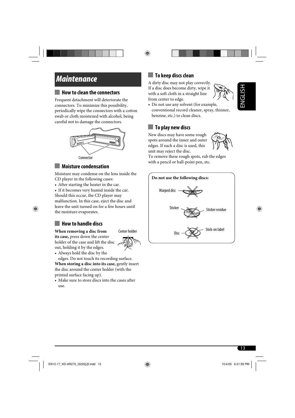 Maintenance, English, How to clean the connectors | Moisture condensation, How to handle discs | JVC KD-AR270 User Manual | Page 13 / 50