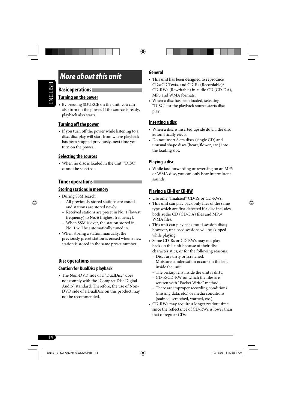 More about this unit, English, Basic operations | Tuner operations, Disc operations | JVC KD-AR270 User Manual | Page 14 / 50