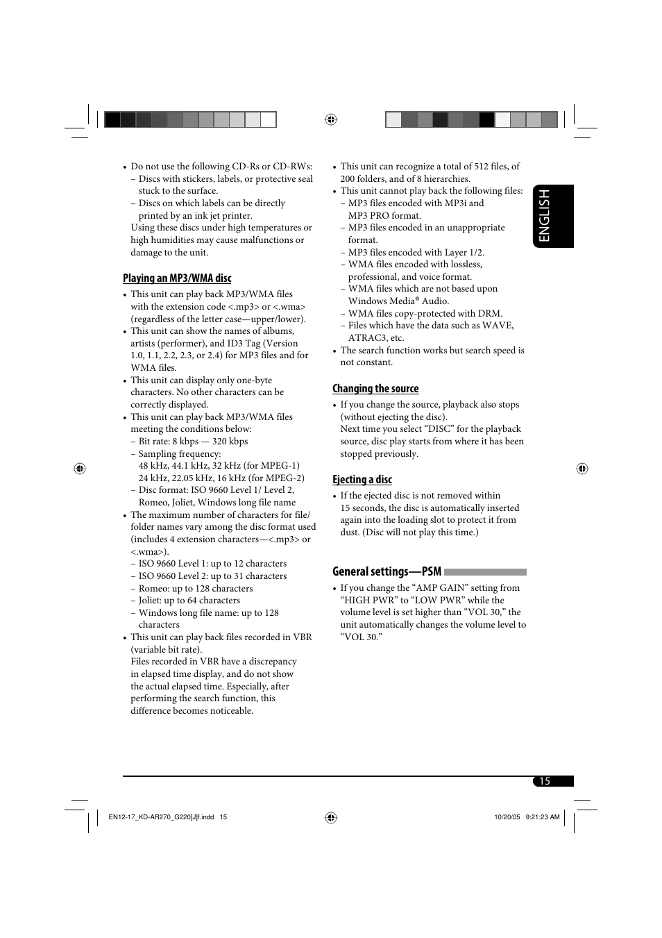 English, General settings—psm | JVC KD-AR270 User Manual | Page 15 / 50