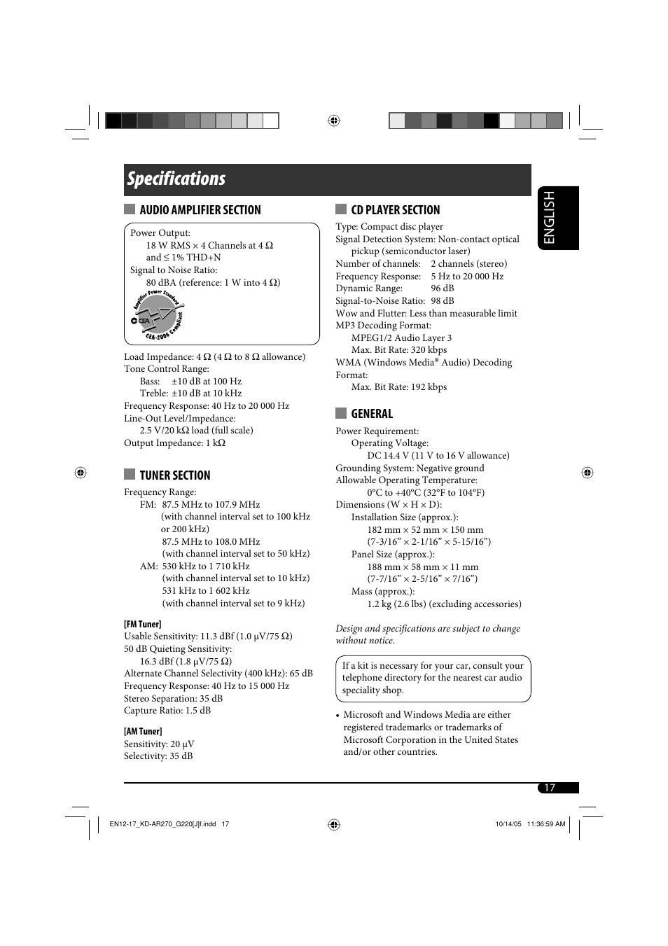 Specifications, English, General | JVC KD-AR270 User Manual | Page 17 / 50