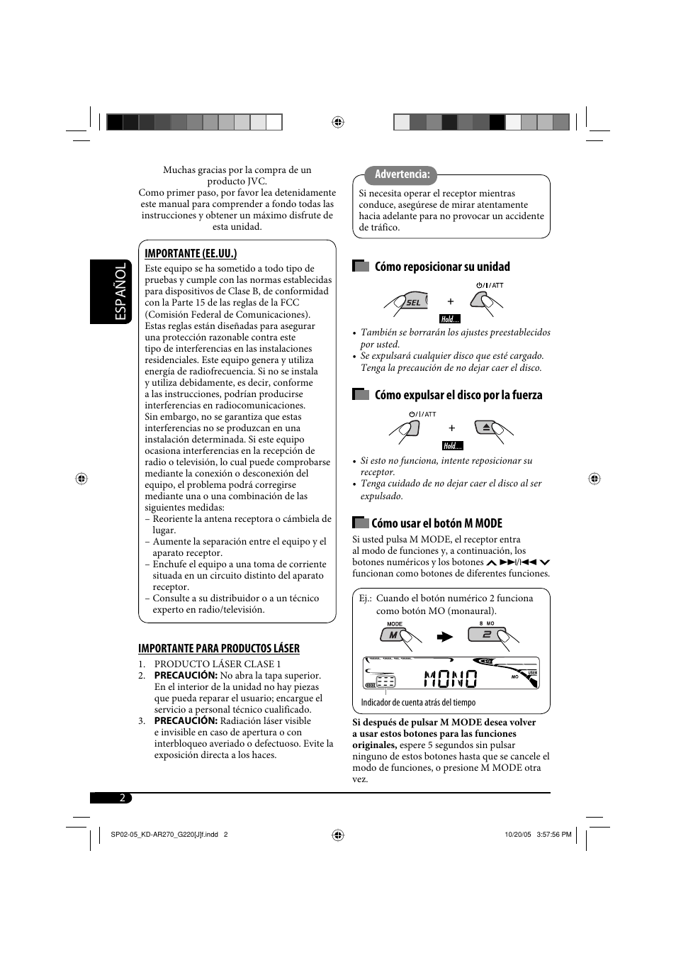 Español, Cómo reposicionar su unidad, Cómo expulsar el disco por la fuerza | Cómo usar el botón m mode | JVC KD-AR270 User Manual | Page 18 / 50