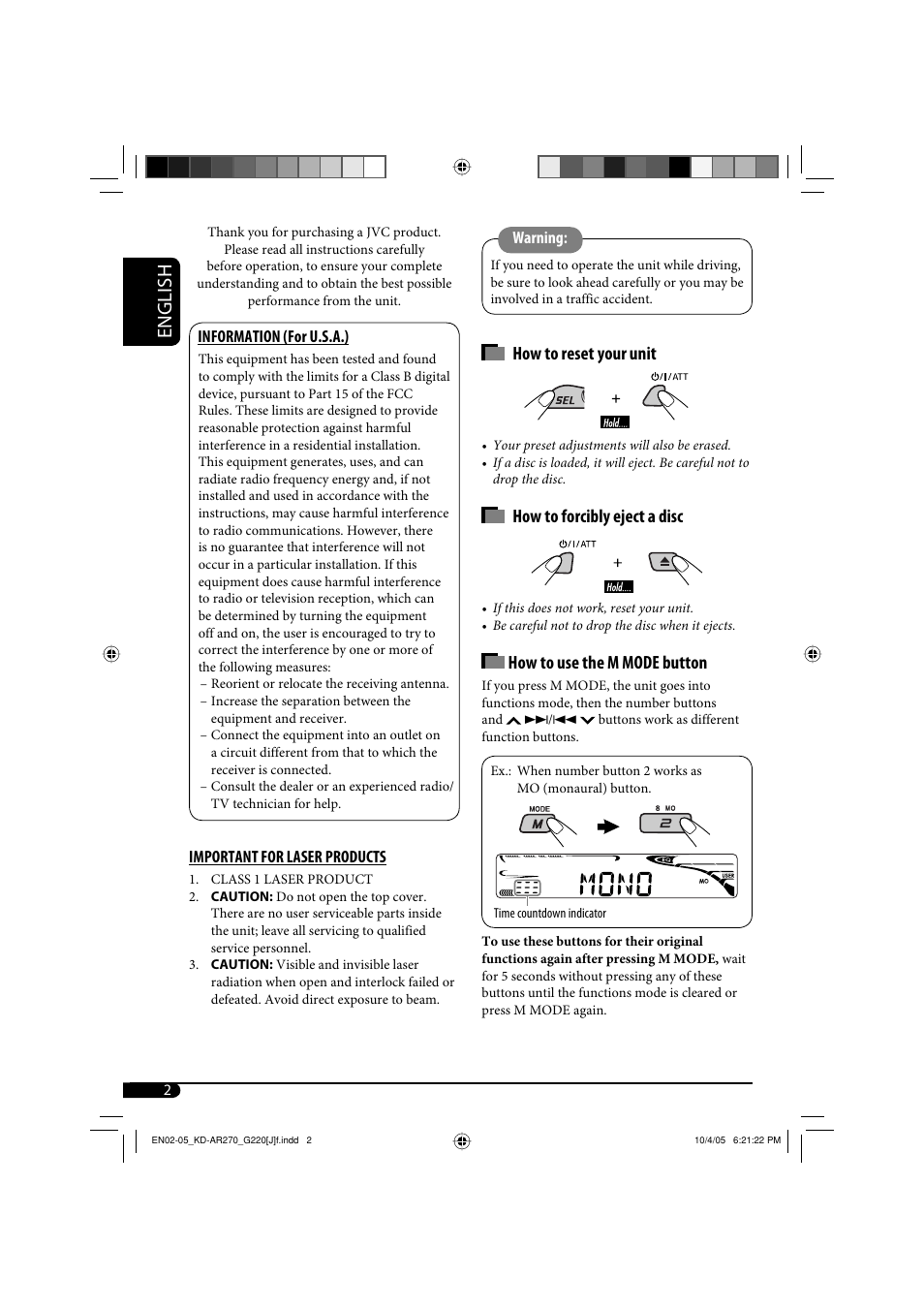 English, How to reset your unit, How to forcibly eject a disc | How to use the m mode button | JVC KD-AR270 User Manual | Page 2 / 50