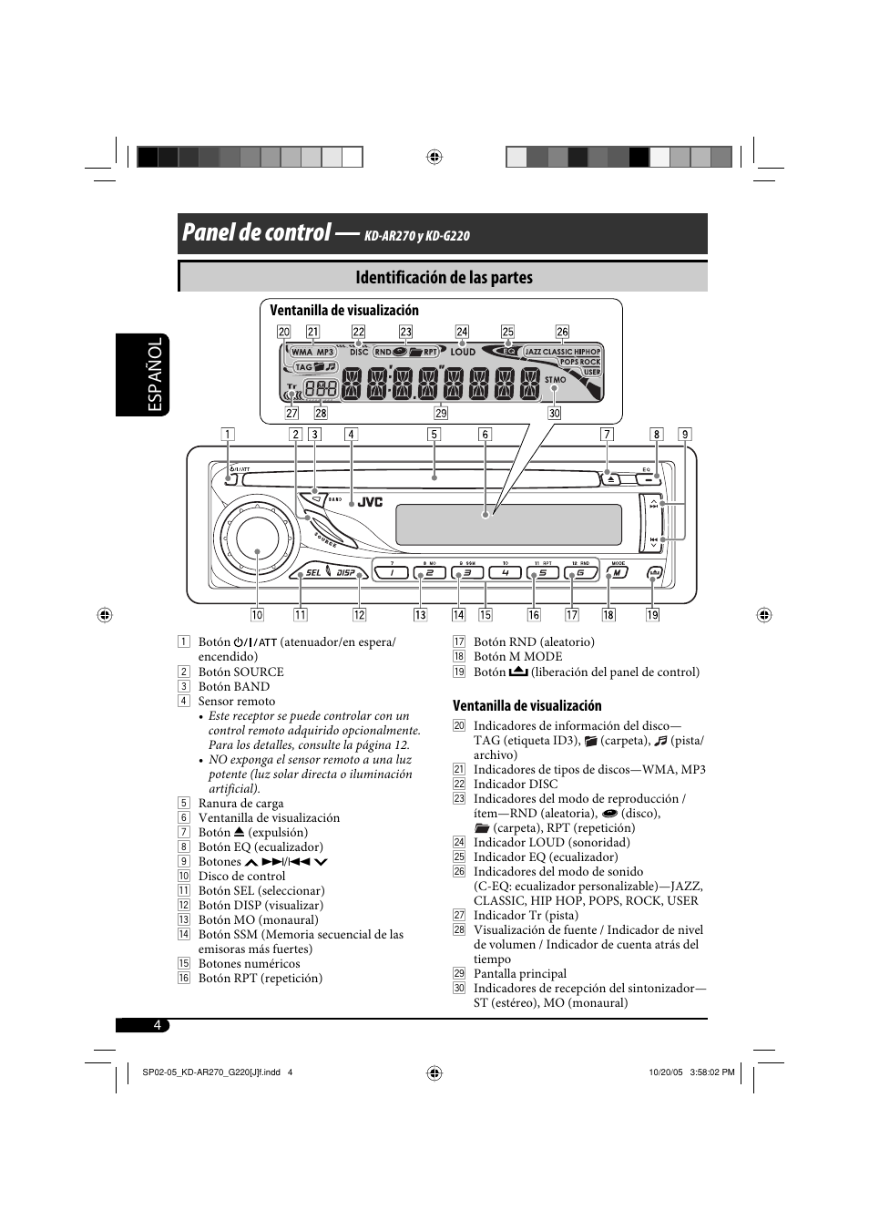 Panel de control, Español, Identificación de las partes | JVC KD-AR270 User Manual | Page 20 / 50