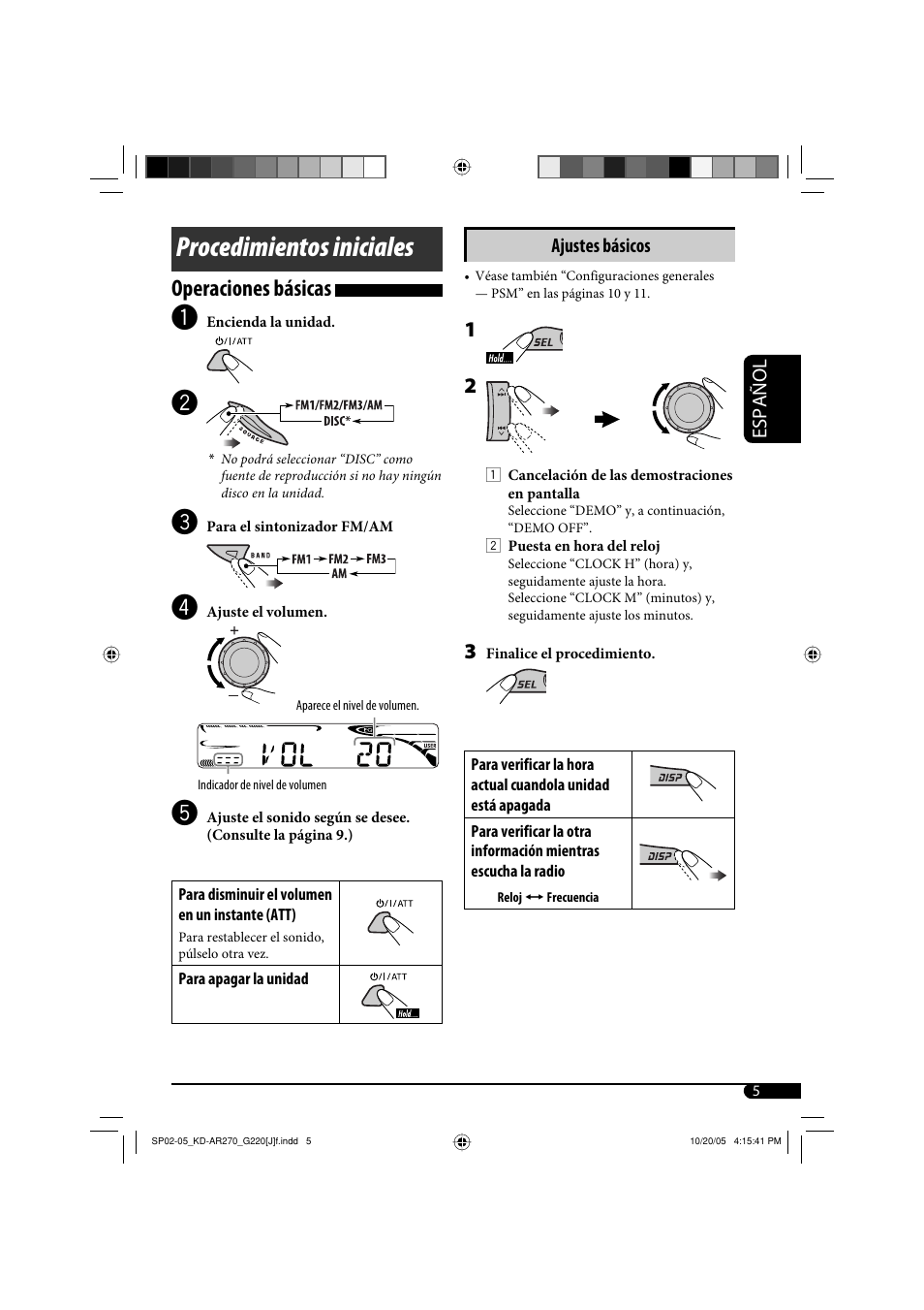 Procedimientos iniciales, Operaciones básicas | JVC KD-AR270 User Manual | Page 21 / 50