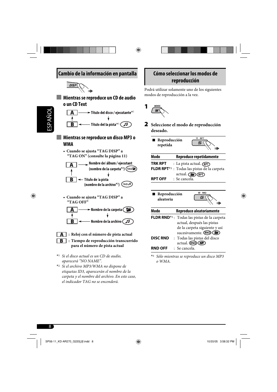 Español, Cómo seleccionar los modos de reproducción, Cambio de la información en pantalla | JVC KD-AR270 User Manual | Page 24 / 50