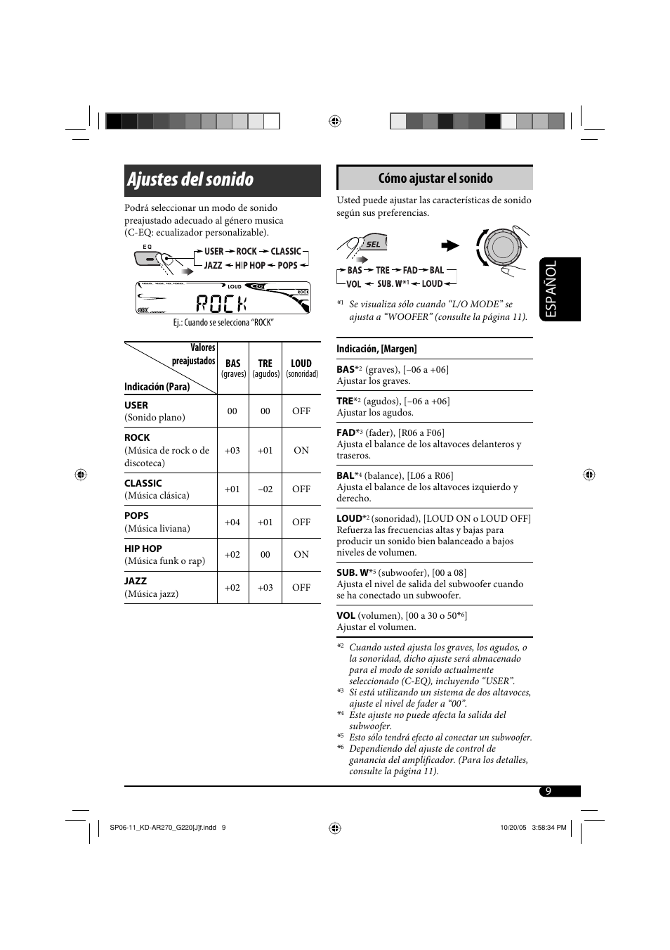 Ajustes del sonido, Español, Cómo ajustar el sonido | JVC KD-AR270 User Manual | Page 25 / 50