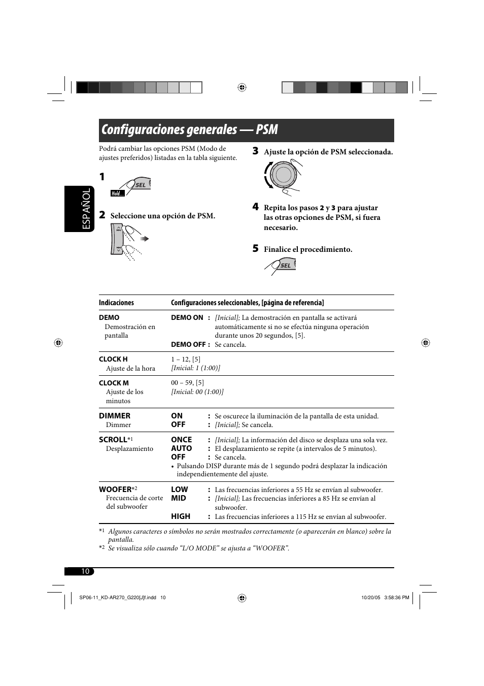Configuraciones generales — psm, Español | JVC KD-AR270 User Manual | Page 26 / 50