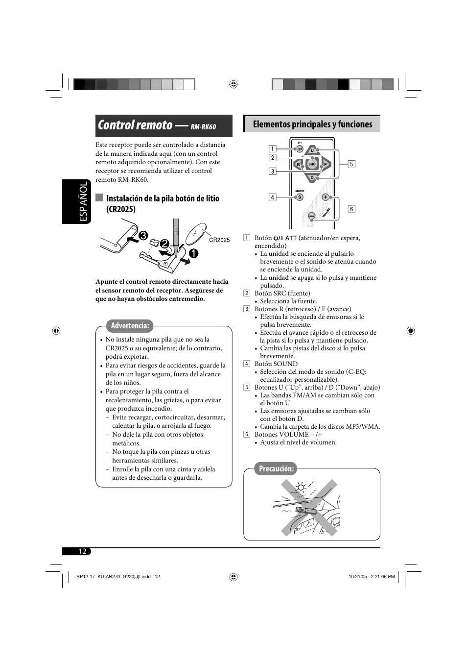 Control remoto, Español, Elementos principales y funciones | Instalación de la pila botón de litio (cr2025) | JVC KD-AR270 User Manual | Page 28 / 50