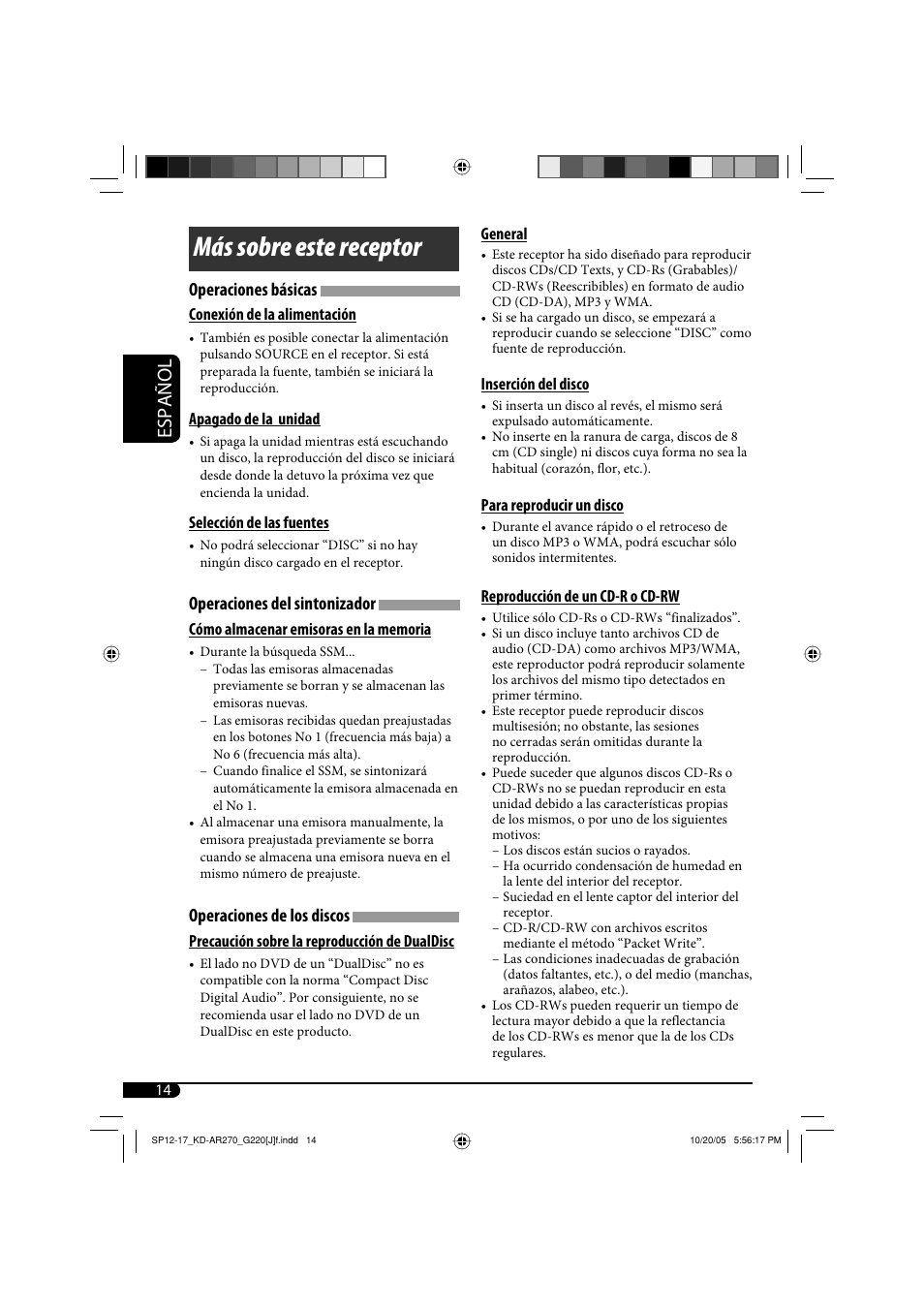 Más sobre este receptor, Español, Operaciones básicas | Operaciones del sintonizador, Operaciones de los discos | JVC KD-AR270 User Manual | Page 30 / 50