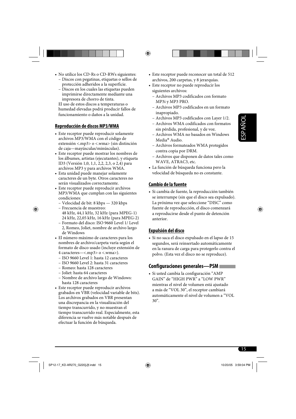 Español, Configuraciones generales—psm | JVC KD-AR270 User Manual | Page 31 / 50