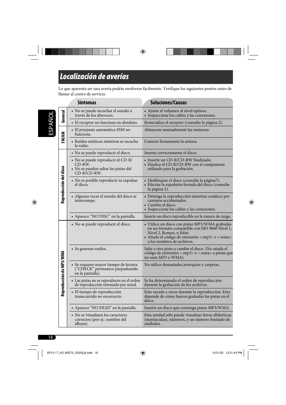 Localización de averías, Español, Síntomas soluciones/causas | JVC KD-AR270 User Manual | Page 32 / 50