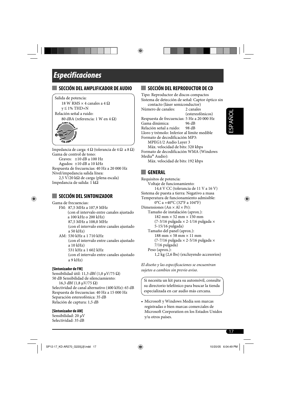 Especificaciones, Español, Sección del reproductor de cd | General, Sección del amplificador de audio, Sección del sintonizador | JVC KD-AR270 User Manual | Page 33 / 50