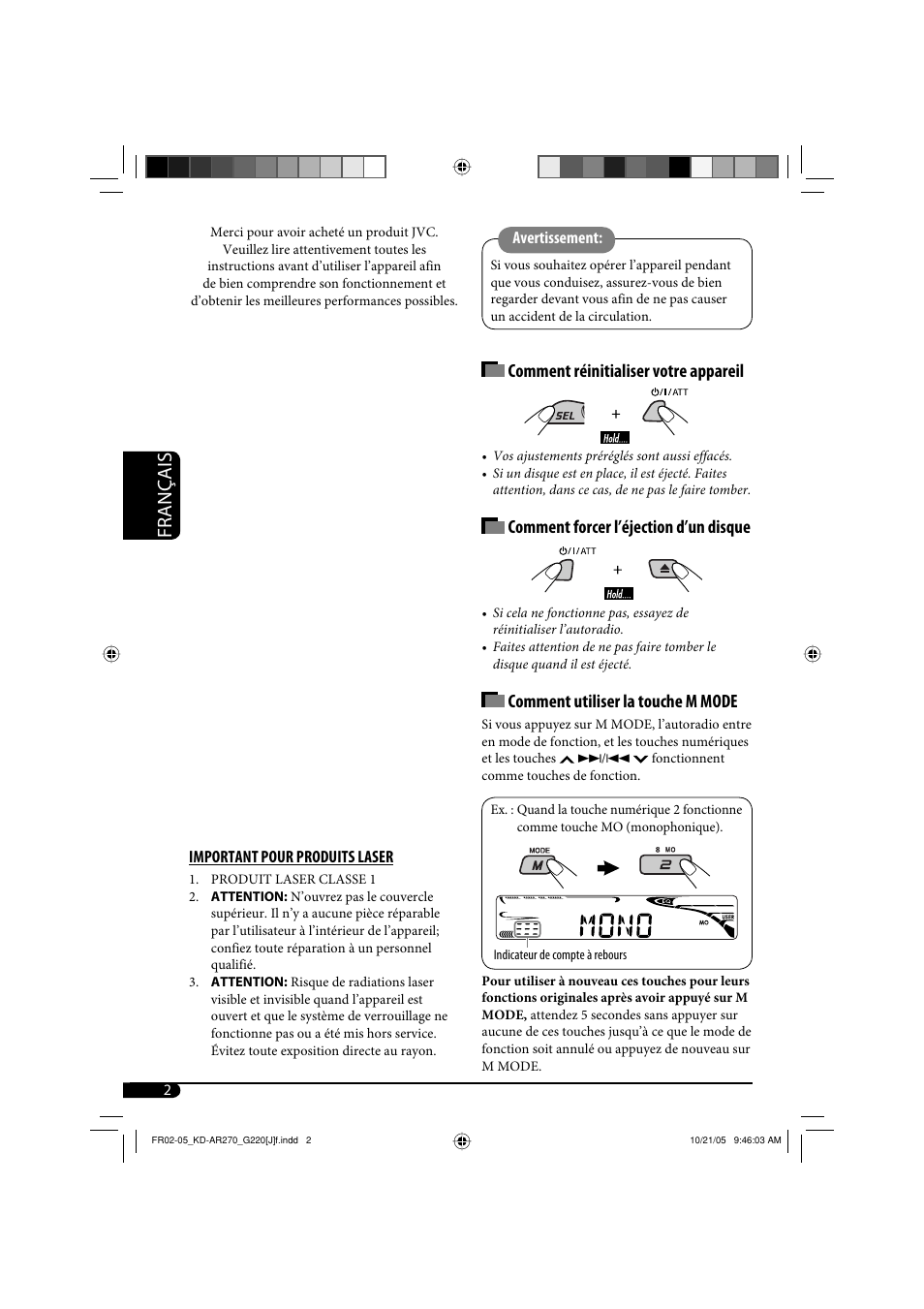 Français, Comment réinitialiser votre appareil, Comment forcer l’éjection d’un disque | Comment utiliser la touche m mode | JVC KD-AR270 User Manual | Page 34 / 50