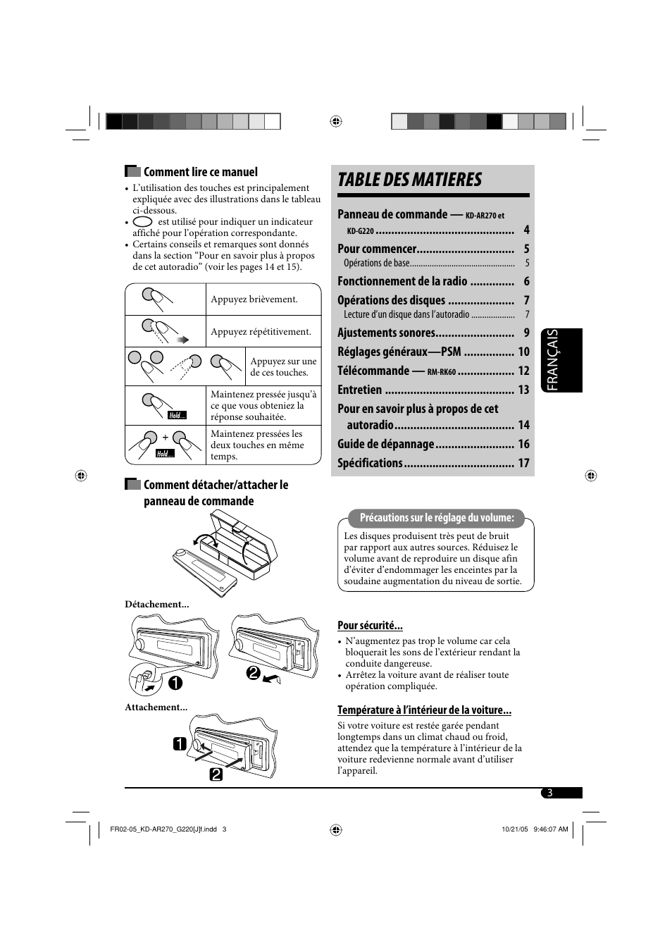 Table des matieres, Français | JVC KD-AR270 User Manual | Page 35 / 50