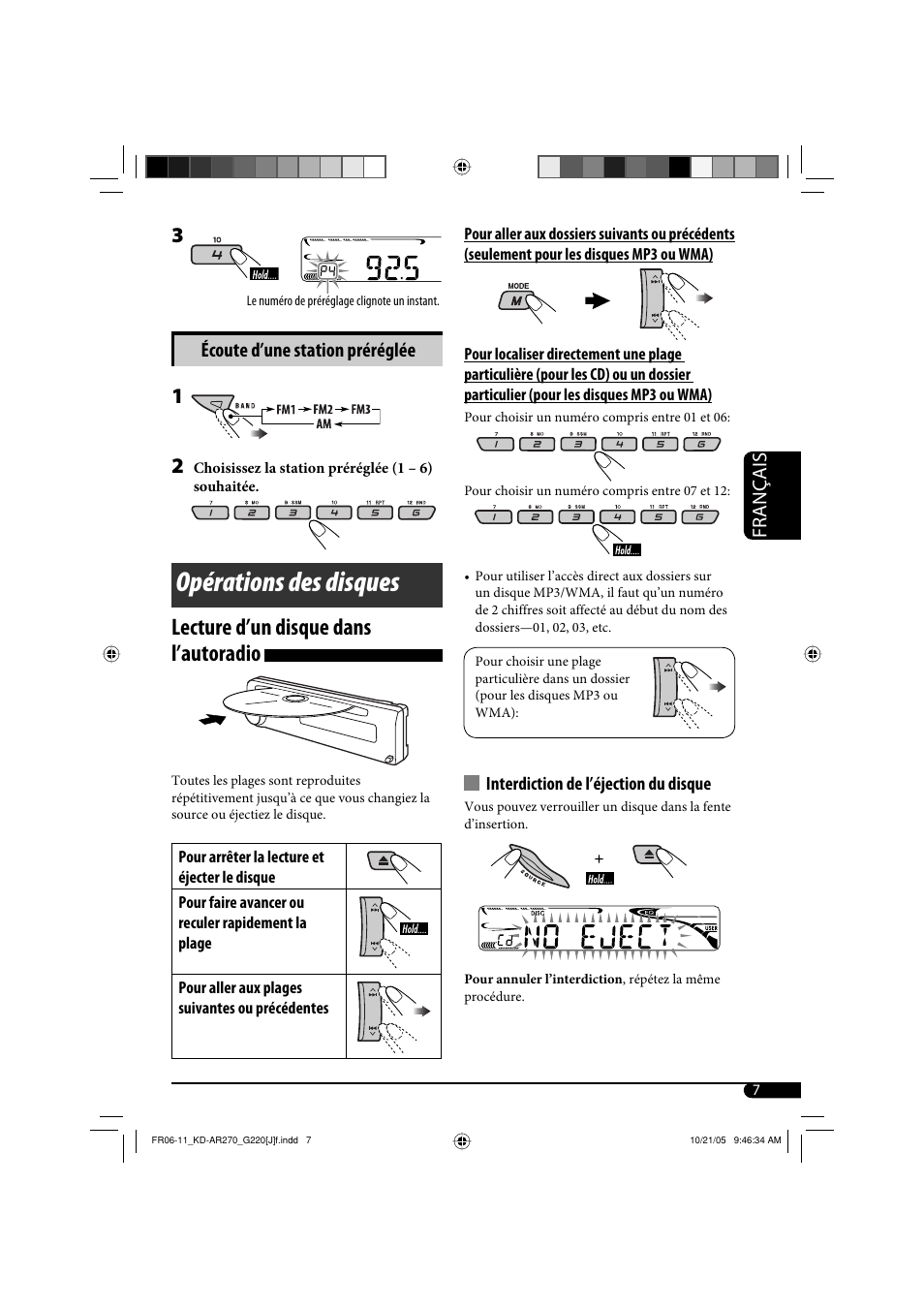 Opérations des disques, Lecture d’un disque dans l’autoradio, Français | Écoute d’une station préréglée | JVC KD-AR270 User Manual | Page 39 / 50