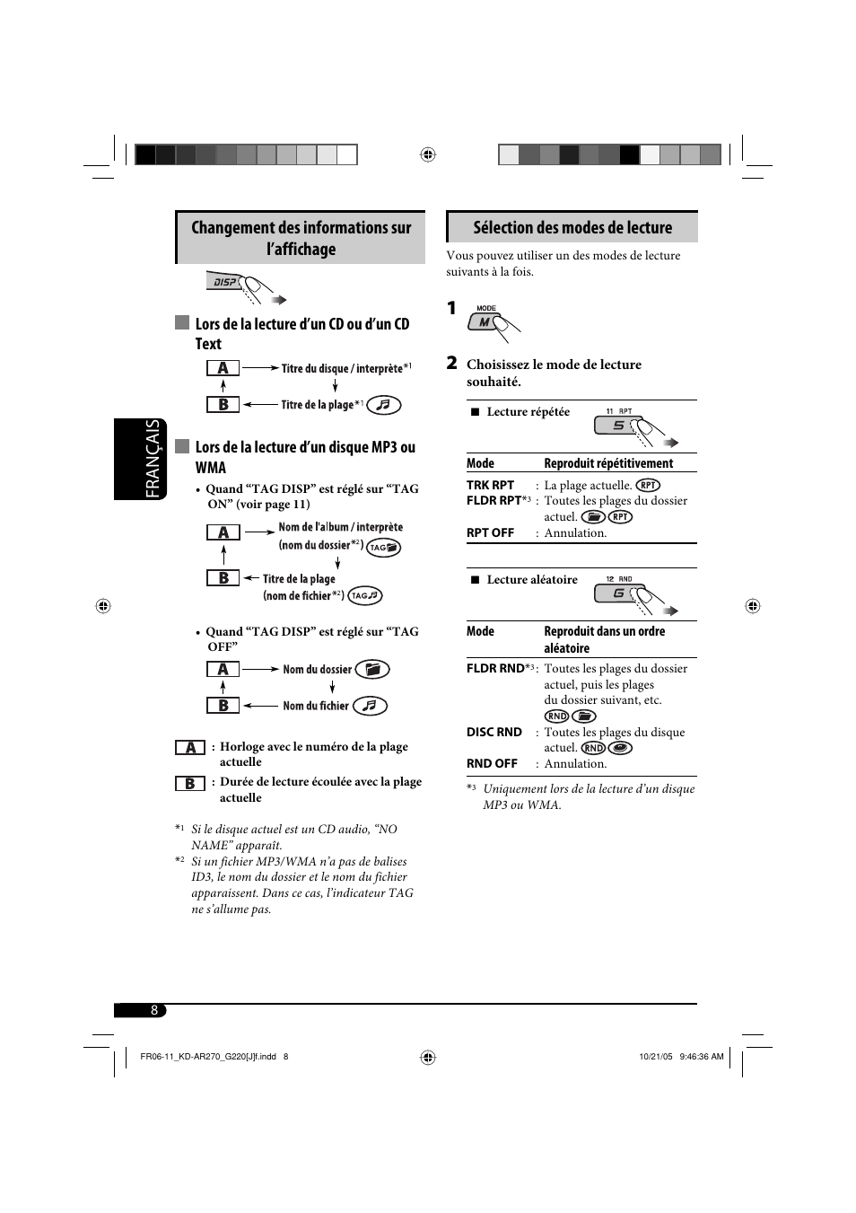 Français, Sélection des modes de lecture, Changement des informations sur l’affichage | JVC KD-AR270 User Manual | Page 40 / 50