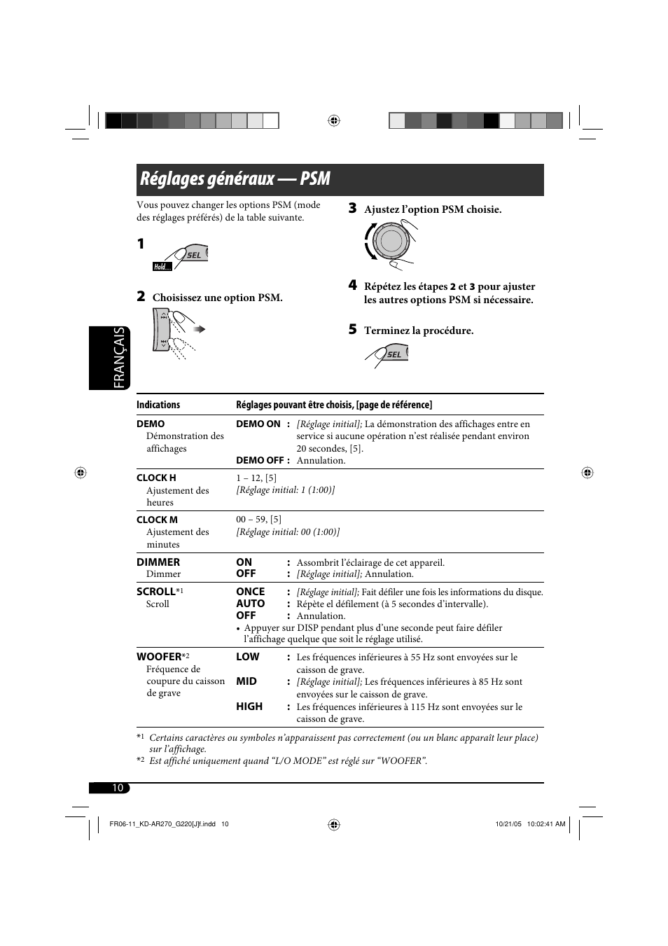Réglages généraux — psm, Français | JVC KD-AR270 User Manual | Page 42 / 50