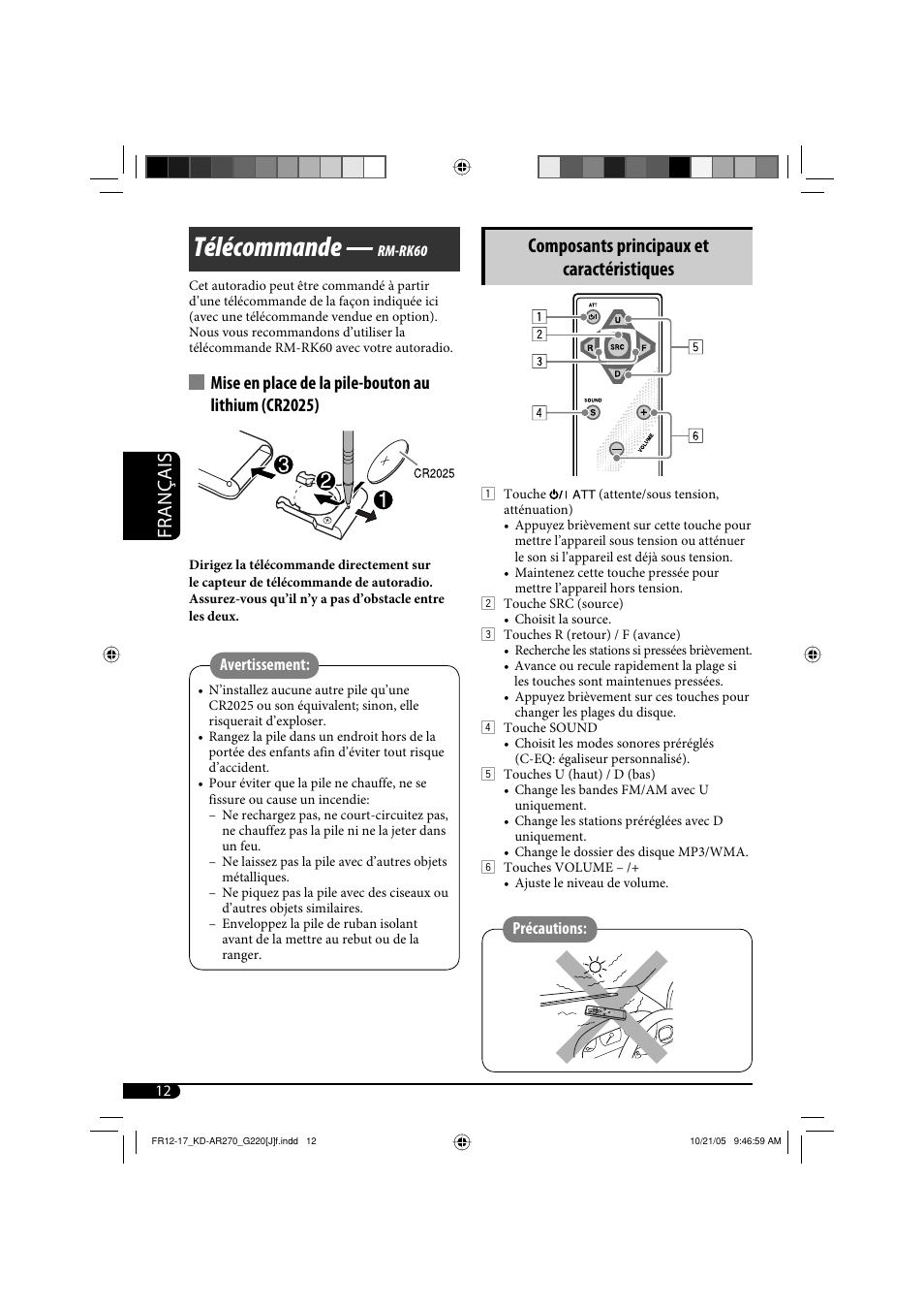 Télécommande, Français, Composants principaux et caractéristiques | JVC KD-AR270 User Manual | Page 44 / 50