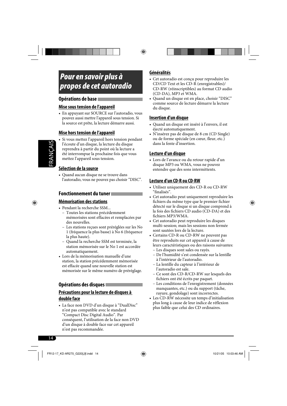 Pour en savoir plus à propos de cet autoradio, Français, Opérations de base | Fonctionnement du tuner, Opérations des disques | JVC KD-AR270 User Manual | Page 46 / 50