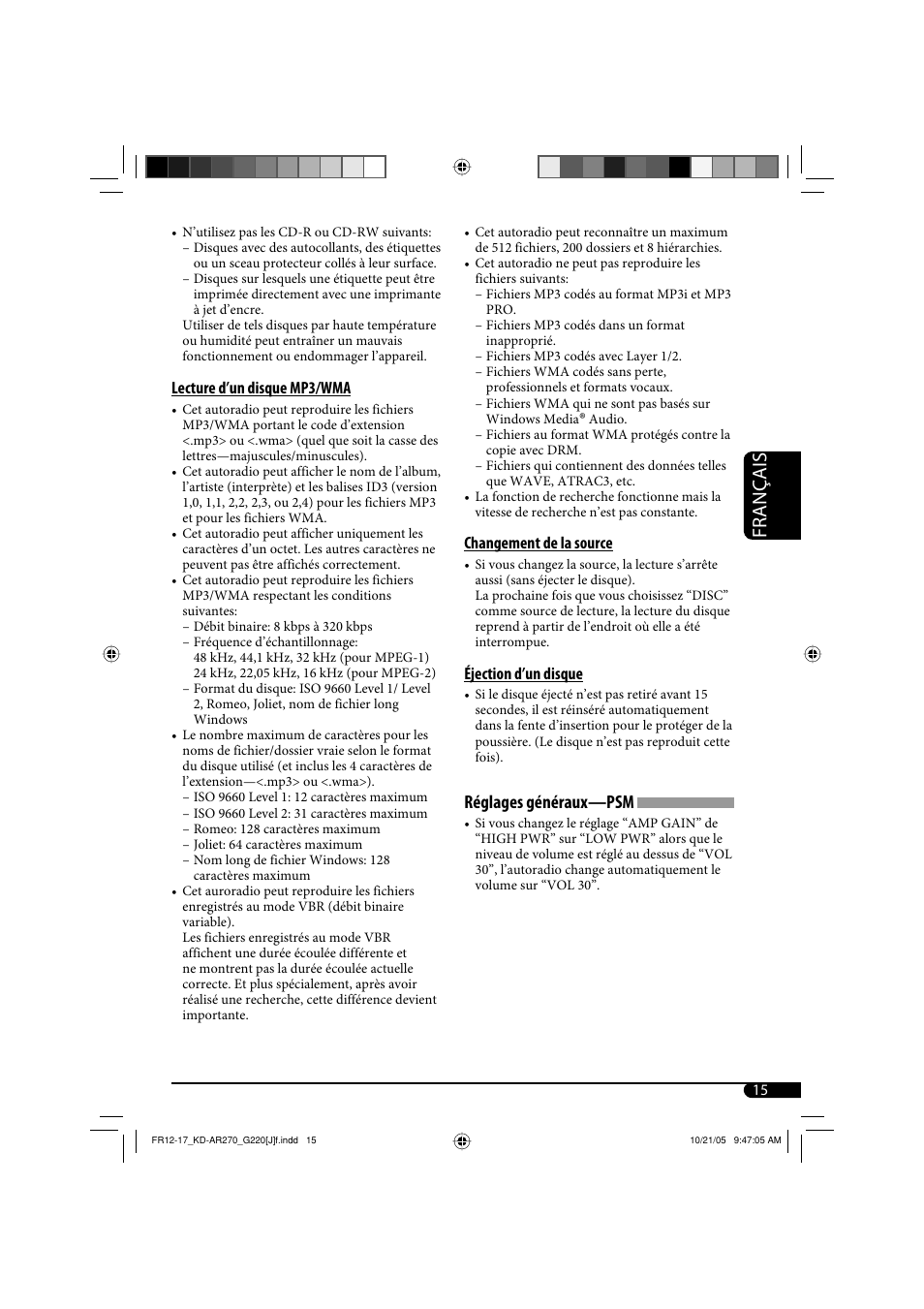 Français, Réglages généraux—psm | JVC KD-AR270 User Manual | Page 47 / 50