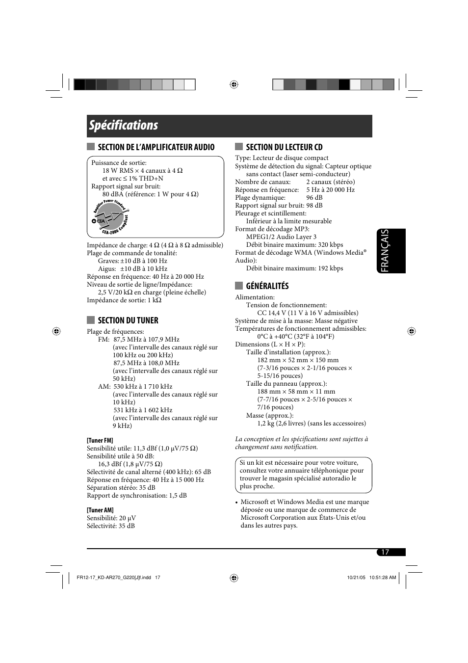 Spécifications, Français, Généralités | JVC KD-AR270 User Manual | Page 49 / 50