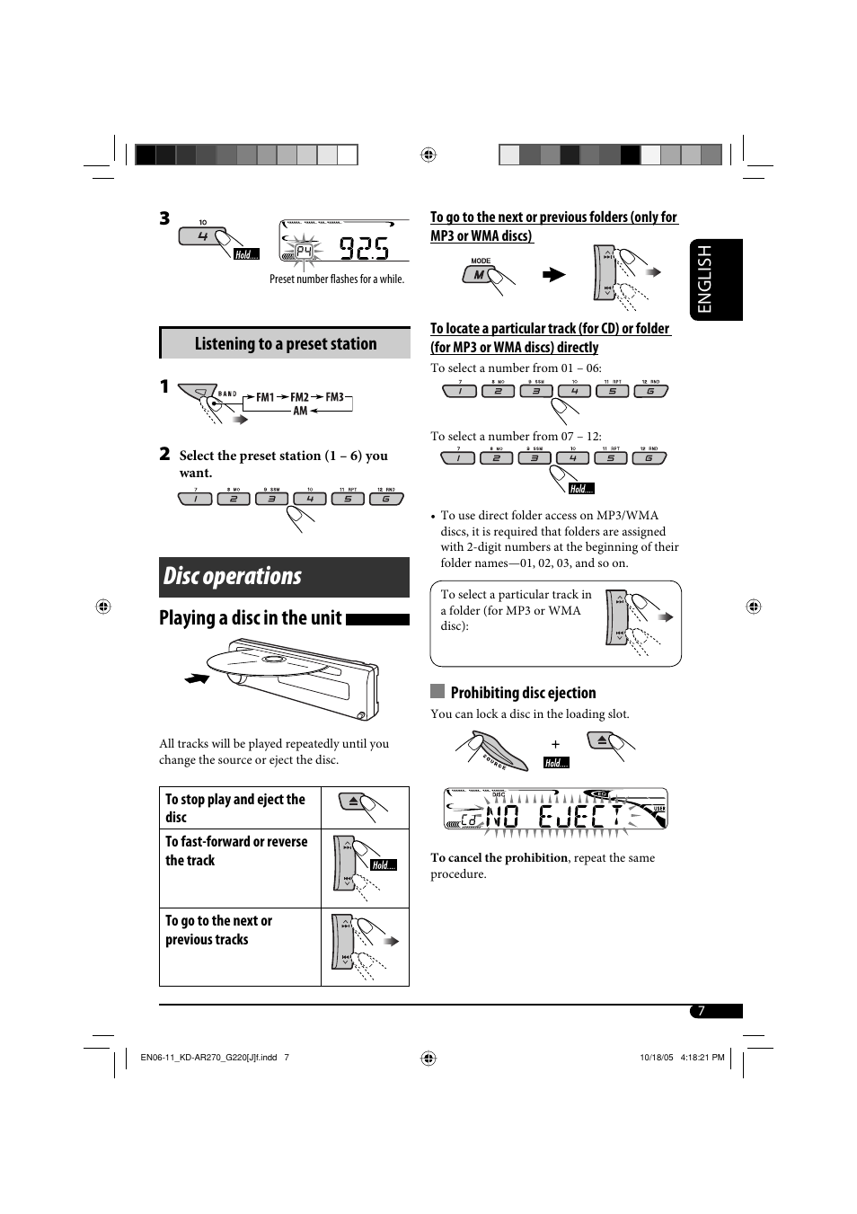 Disc operations, Playing a disc in the unit, English | Listening to a preset station | JVC KD-AR270 User Manual | Page 7 / 50