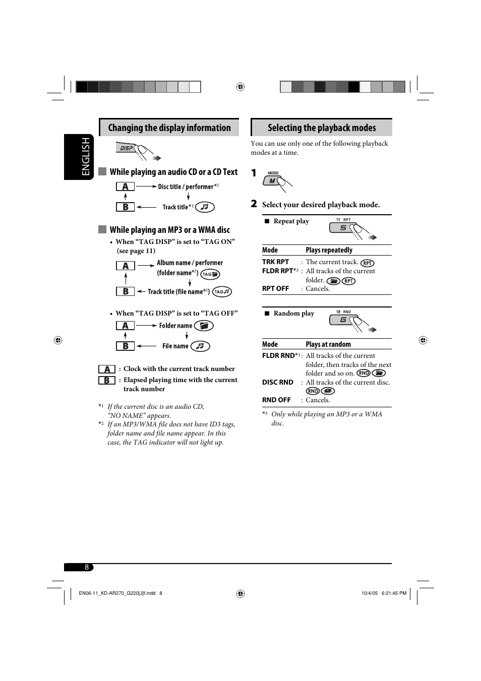 English, Selecting the playback modes, Changing the display information | JVC KD-AR270 User Manual | Page 8 / 50