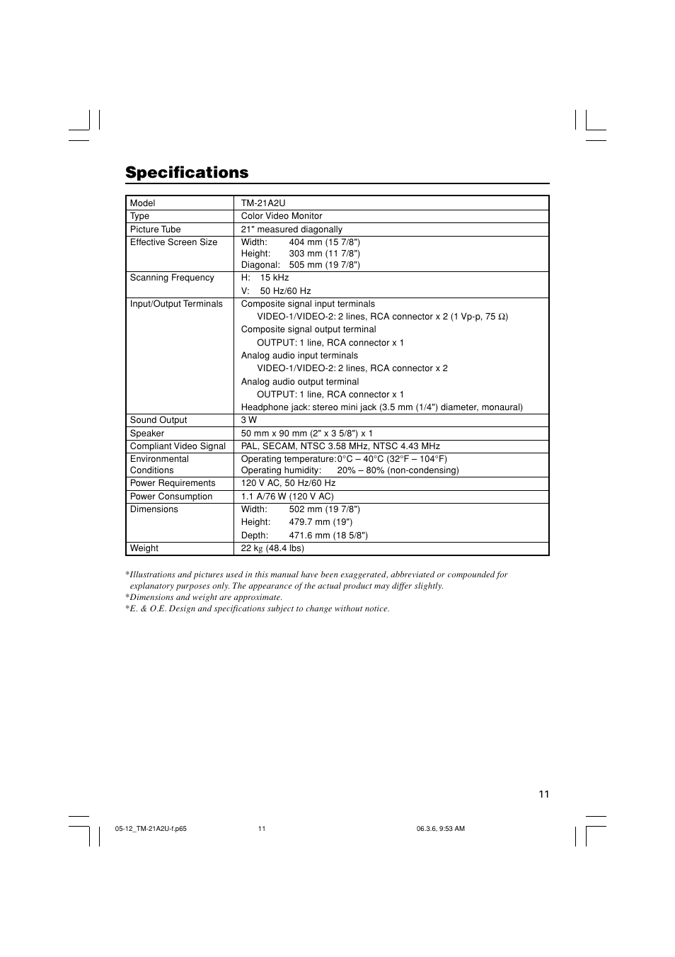 Specifications | JVC Color Video Monitor TM21A2U User Manual | Page 11 / 12