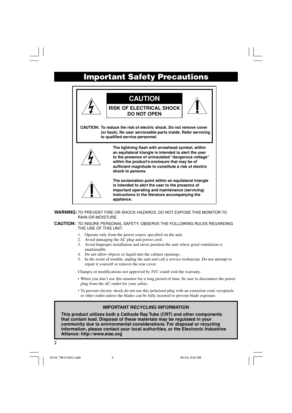 Important safety precautions, Caution | JVC Color Video Monitor TM21A2U User Manual | Page 2 / 12