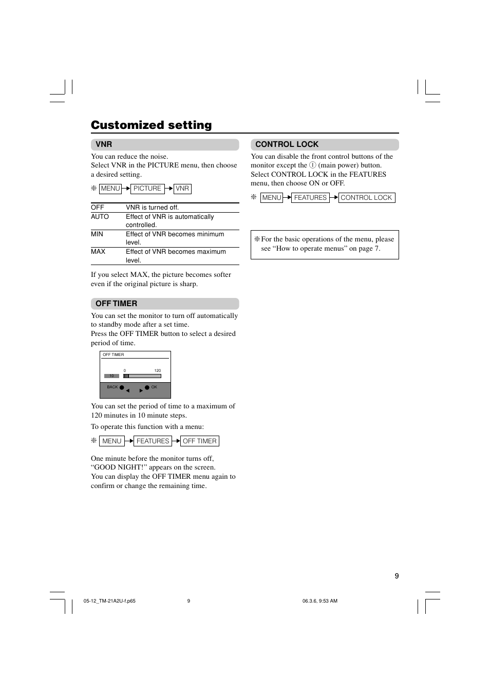 Customized setting, Off timer, Control lock | JVC Color Video Monitor TM21A2U User Manual | Page 9 / 12