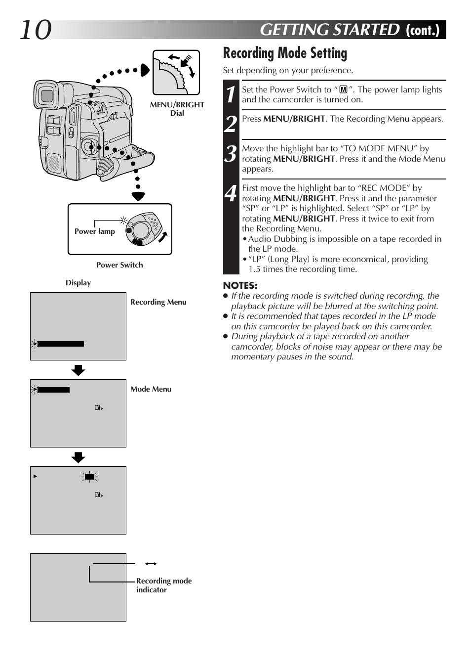 Getting started, Recording mode setting, Cont.) | JVC GR-DVL28 User Manual | Page 10 / 64