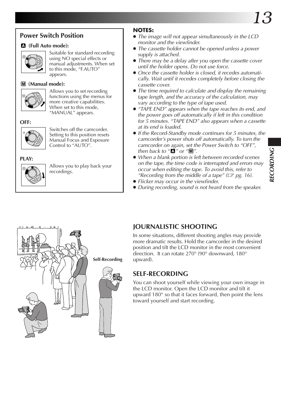 Journalistic shooting, Self-recording, Power switch position | Recording, Full auto mode): (manual mode): off | JVC GR-DVL28 User Manual | Page 13 / 64
