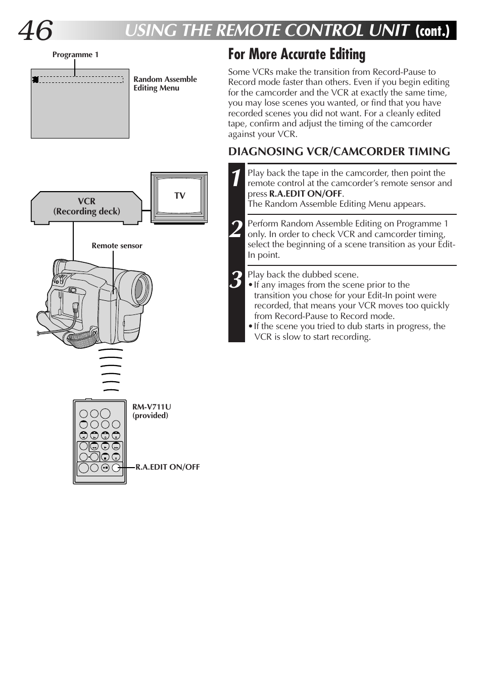 Using the remote control unit, Cont.) for more accurate editing, Diagnosing vcr/camcorder timing | JVC GR-DVL28 User Manual | Page 46 / 64