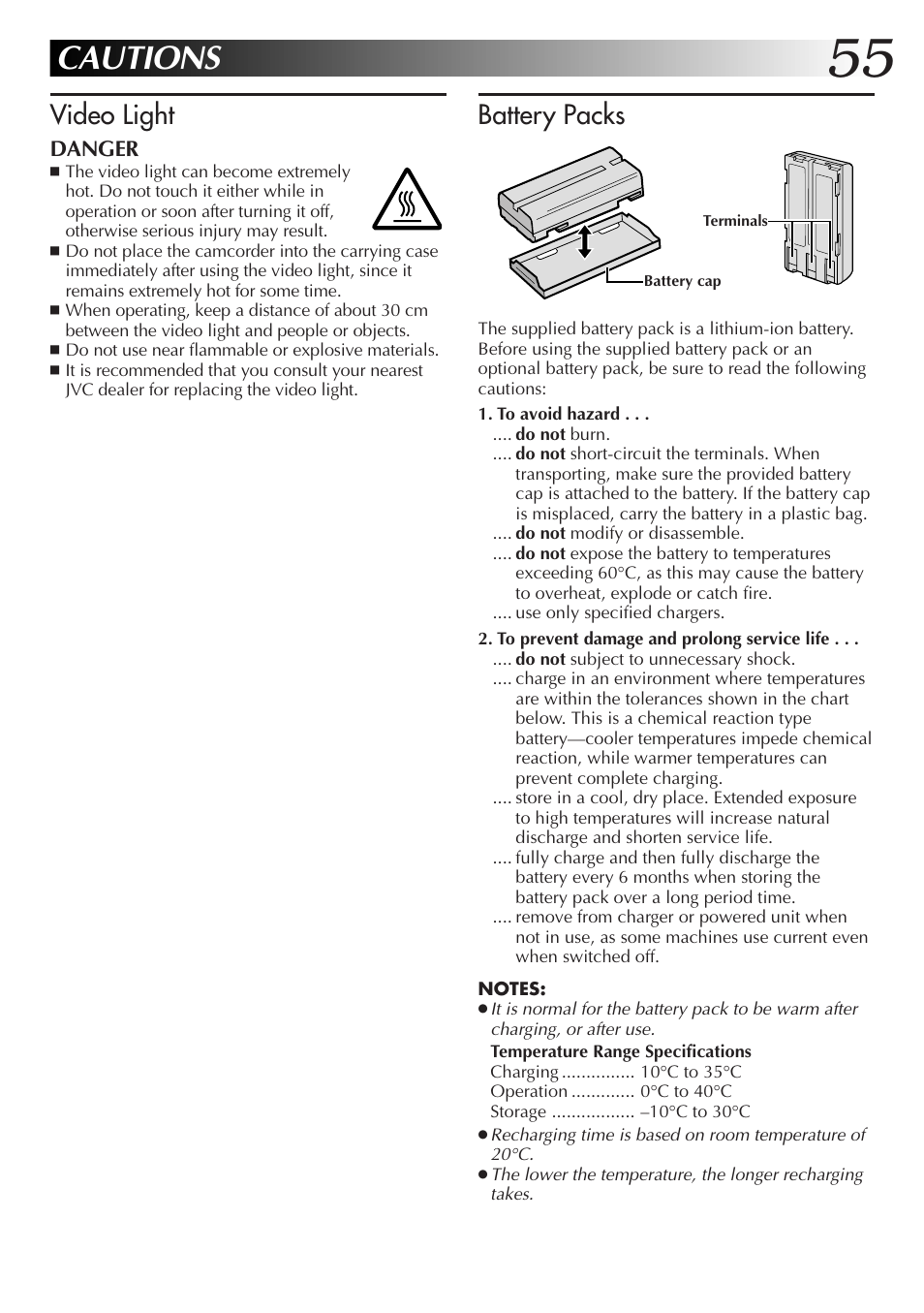 Cautions, Battery packs, Video light | JVC GR-DVL28 User Manual | Page 55 / 64