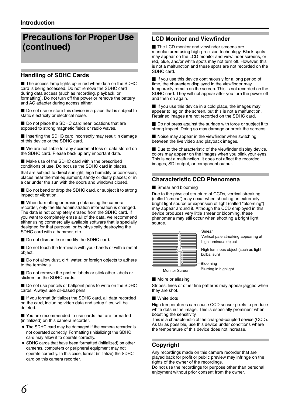 Precautions for proper use (continued), Introduction handling of sdhc cards, Lcd monitor and viewfinder | Characteristic ccd phenomena, Copyright | JVC GY-HM700U User Manual | Page 10 / 128