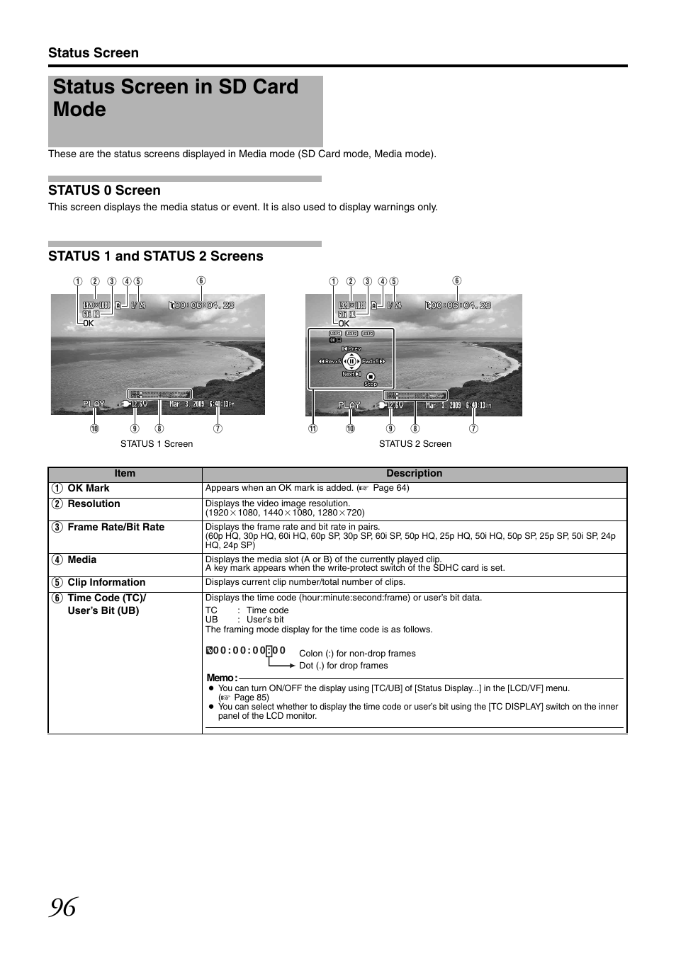 Status screen in sd card mode, Status screen, Status 0 screen | Status 1 and status 2 screens | JVC GY-HM700U User Manual | Page 100 / 128