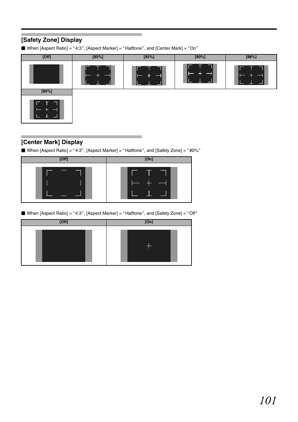Safety zone] display, Center mark] display | JVC GY-HM700U User Manual | Page 105 / 128