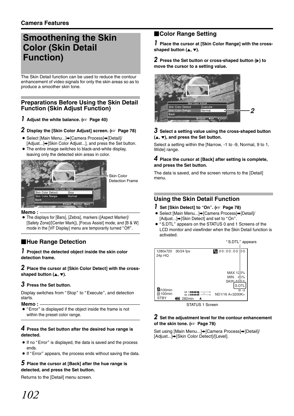 Smoothening the skin color (skin detail function), Function, Camera features | Hue range detection, Color range setting, Using the skin detail function | JVC GY-HM700U User Manual | Page 106 / 128