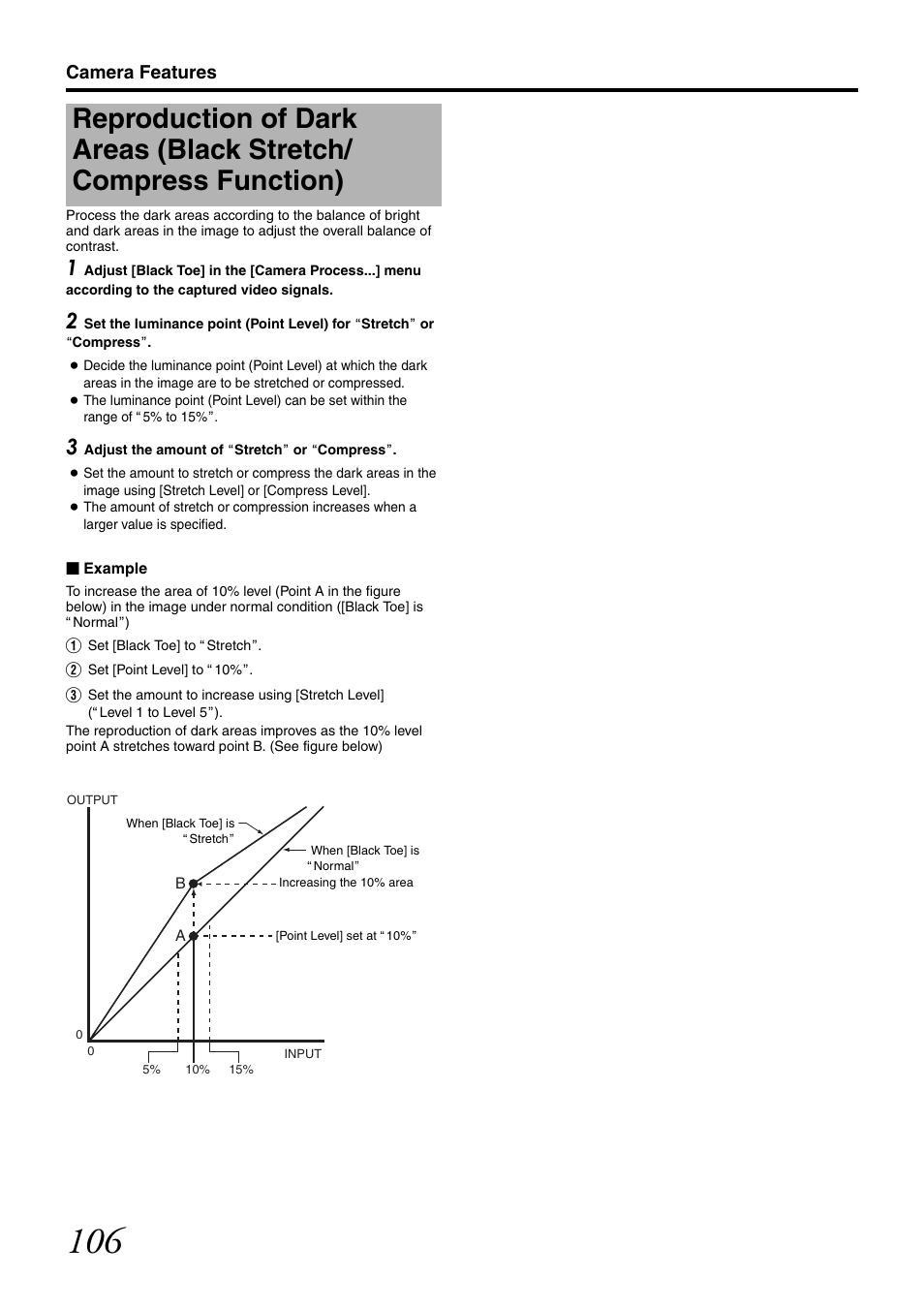 Reproduction of dark areas, Black stretch/compress function), Camera features | JVC GY-HM700U User Manual | Page 110 / 128