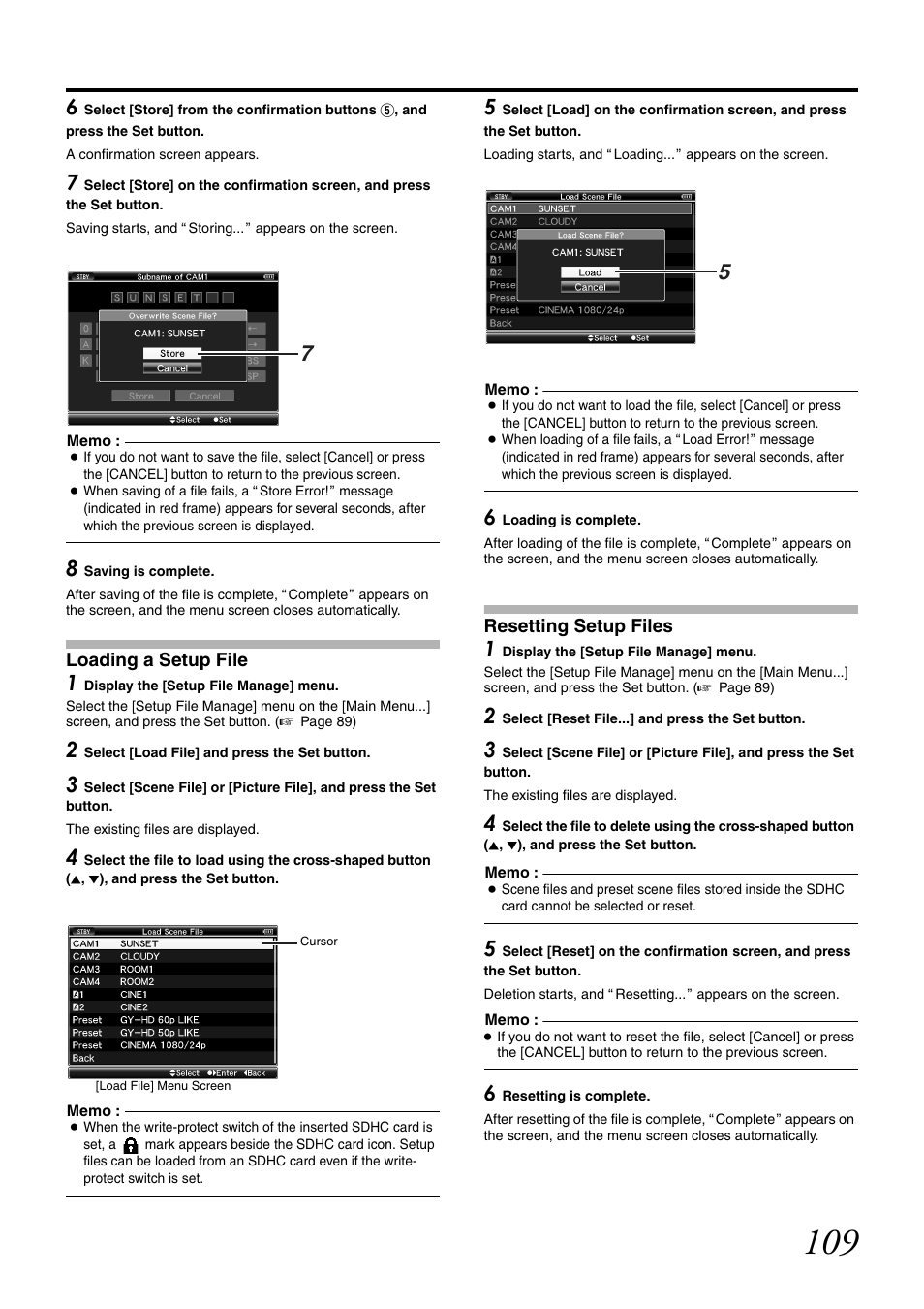 Loading a setup file, Resetting setup files | JVC GY-HM700U User Manual | Page 113 / 128