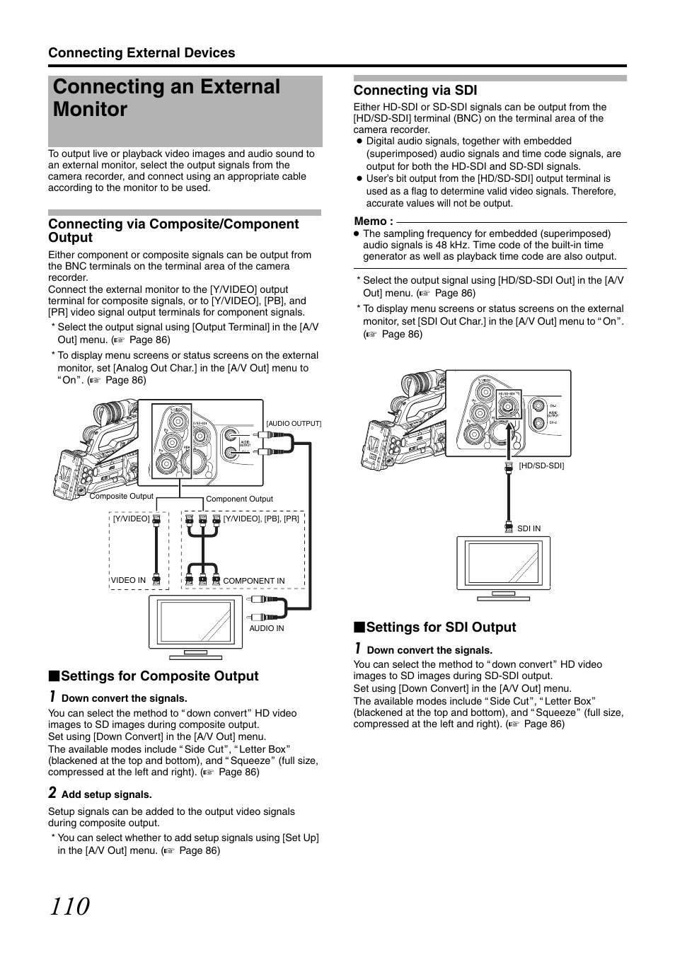 Connecting external devices, Connecting an external monitor, Bnc) | Connecting via composite/component output, Settings for composite output, Connecting via sdi, Settings for sdi output | JVC GY-HM700U User Manual | Page 114 / 128