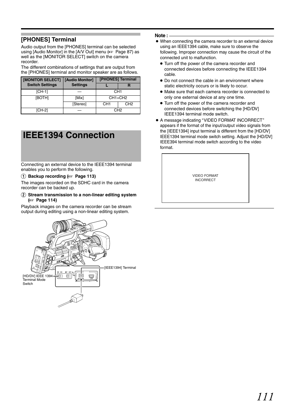 Ieee1394 connection, Phones] terminal | JVC GY-HM700U User Manual | Page 115 / 128