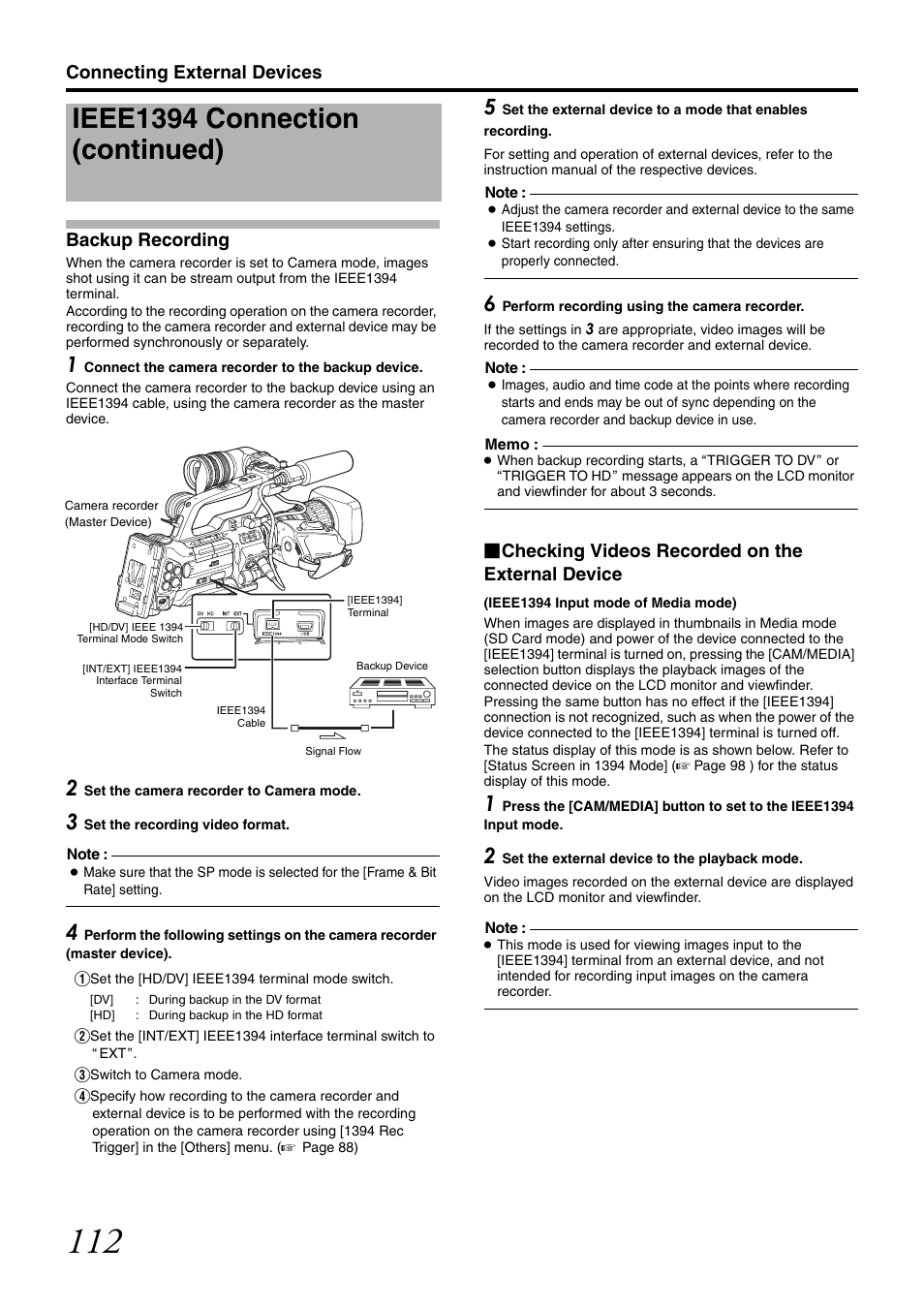 Backup recording, Ieee1394 connection (continued), Connecting external devices backup recording | Checking videos recorded on the external device | JVC GY-HM700U User Manual | Page 116 / 128