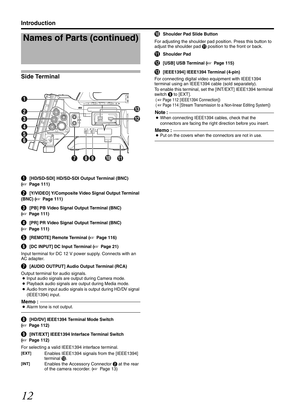 Side terminal, Minal, Names of parts (continued) | JVC GY-HM700U User Manual | Page 16 / 128