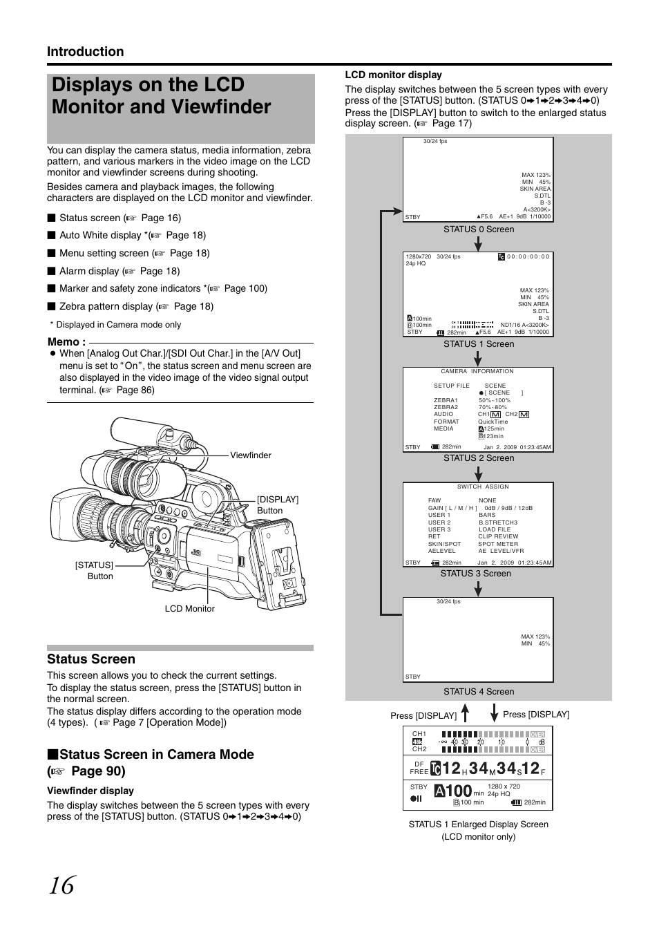 Displays on the lcd monitor and viewfinder, Status screen, Introduction | Status screen in camera mode ( a page 90) | JVC GY-HM700U User Manual | Page 20 / 128