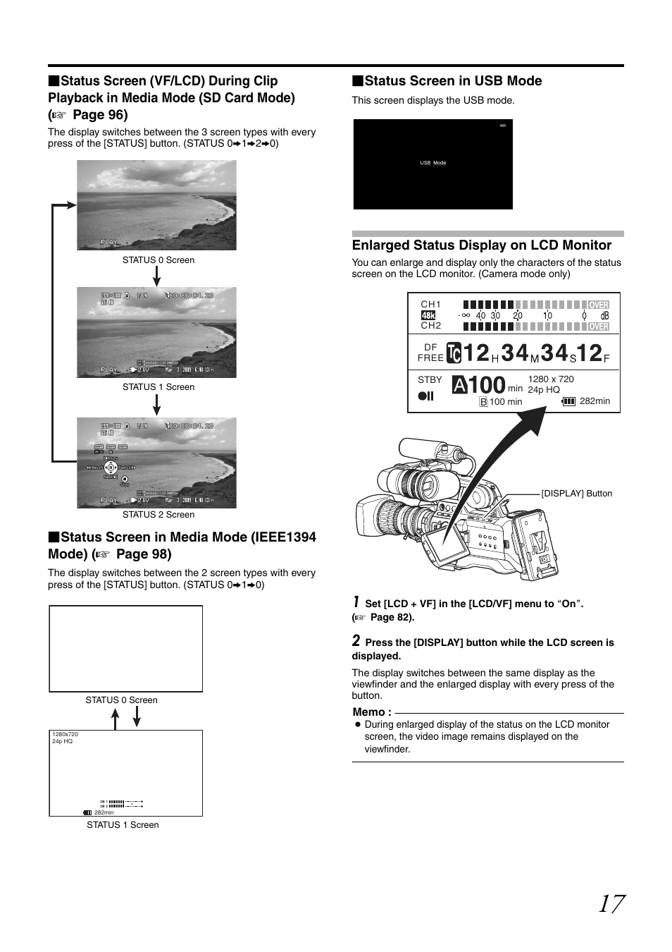 Enlarged status display on lcd monitor, Screen, Status screen in usb mode | JVC GY-HM700U User Manual | Page 21 / 128